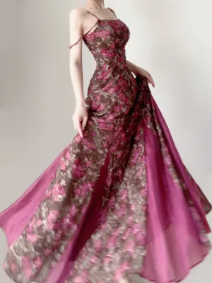 Fuchsia Spaghetti Straps Mermaid Floral Long Party Dress Pretty Summer Dress, DP5381