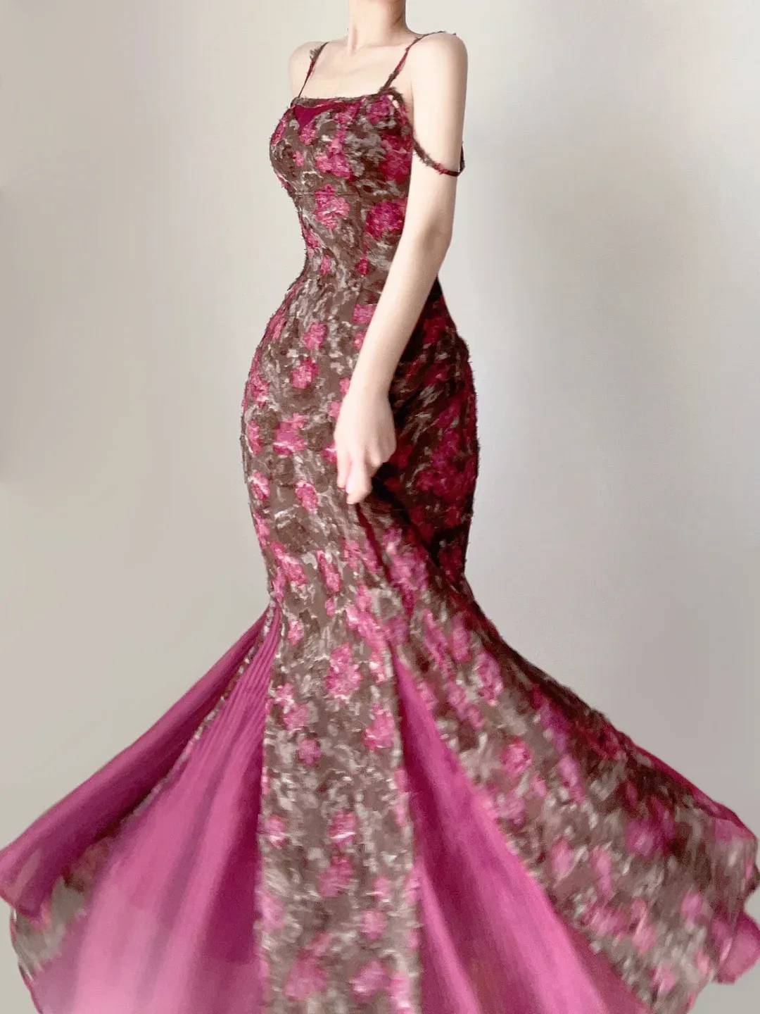 Fuchsia Spaghetti Straps Mermaid Floral Long Party Dress Pretty Summer Dress, DP5381