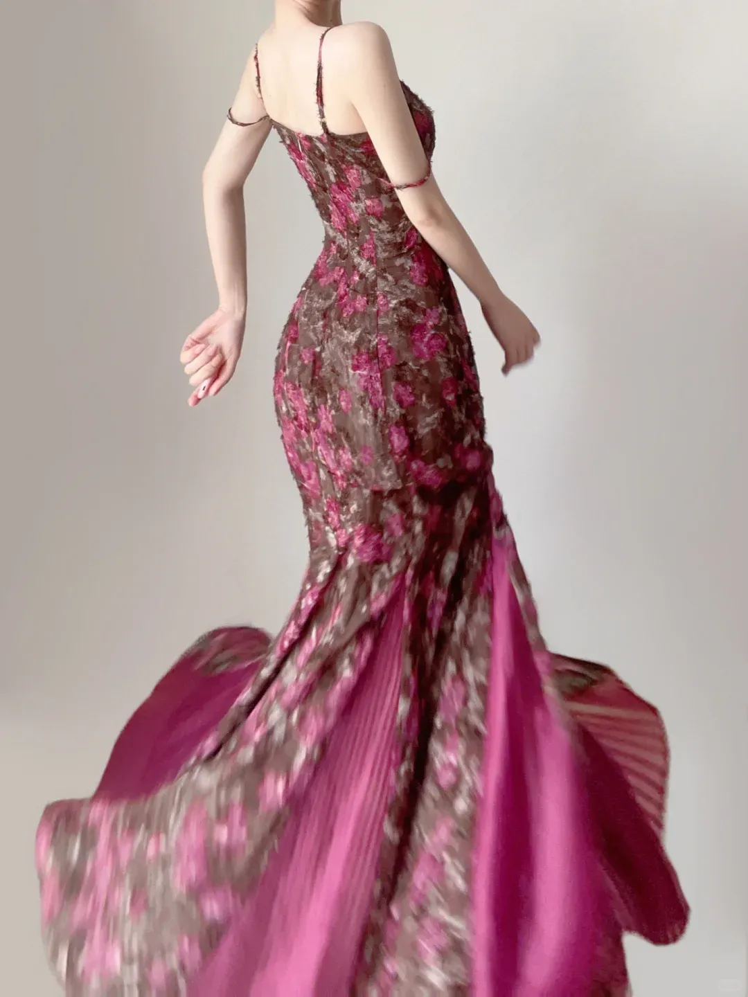 Fuchsia Spaghetti Straps Mermaid Floral Long Party Dress Pretty Summer Dress, DP5381