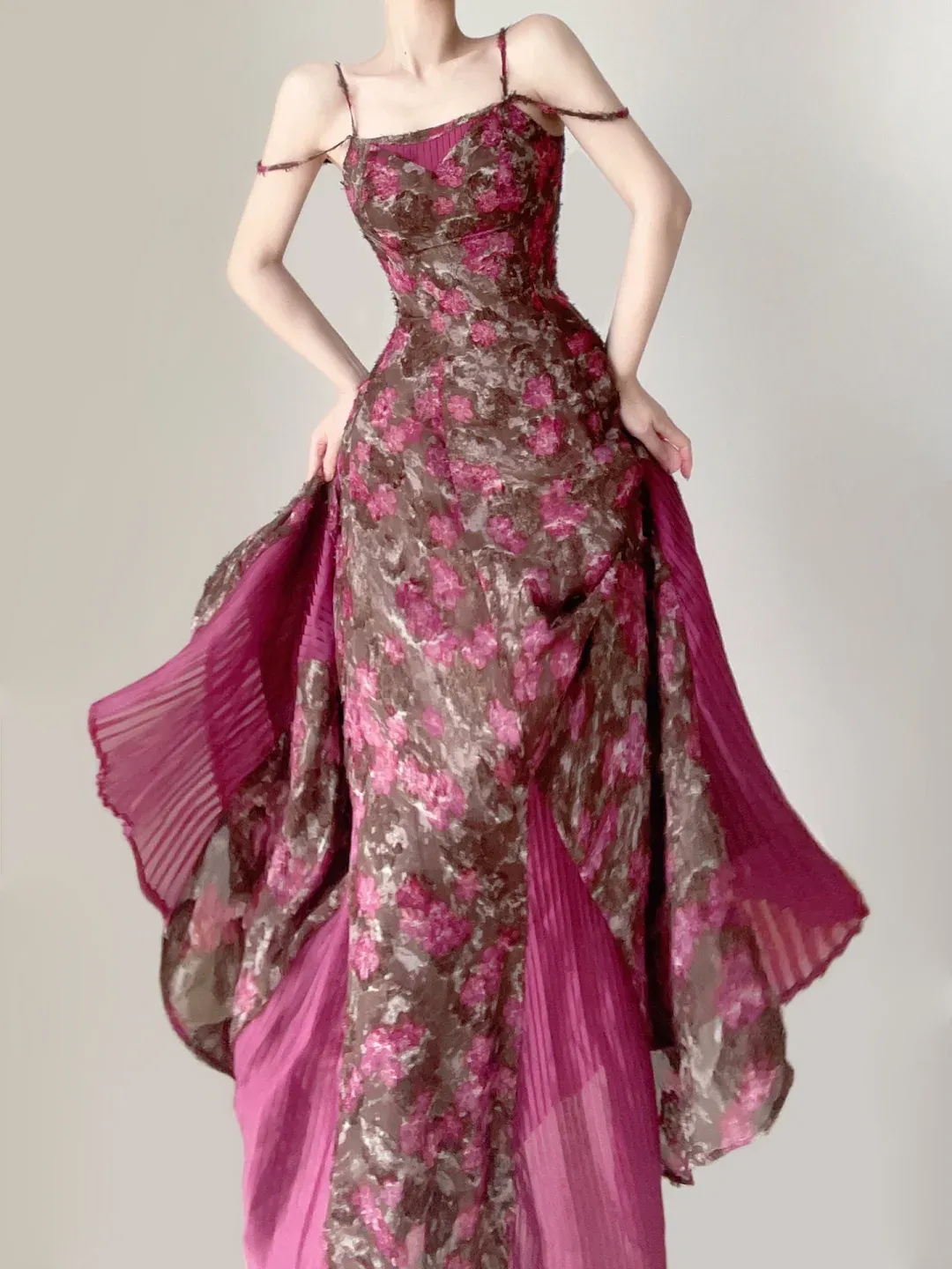 Fuchsia Spaghetti Straps Mermaid Floral Long Party Dress Pretty Summer Dress, DP5381