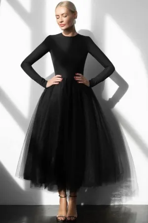 Full Sleeves Black Prom Dresses with Tulle Skirt