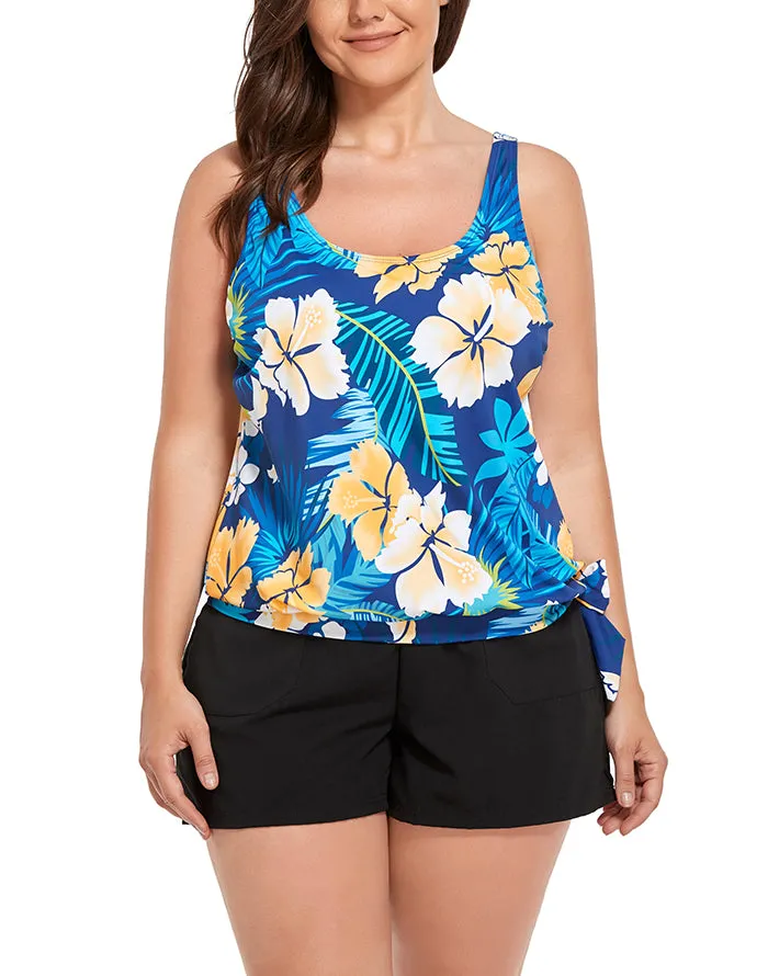 FULLFITALL - Yellow Flower Side Tie Blouson Tankini with Cargo Swim Short