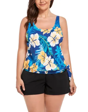 FULLFITALL - Yellow Flower Side Tie Blouson Tankini with Cargo Swim Short