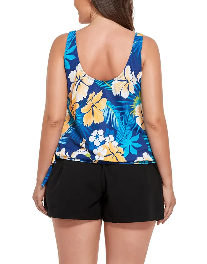FULLFITALL - Yellow Flower Side Tie Blouson Tankini with Cargo Swim Short