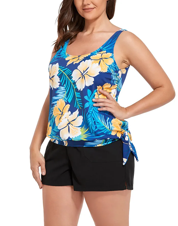 FULLFITALL - Yellow Flower Side Tie Blouson Tankini with Cargo Swim Short