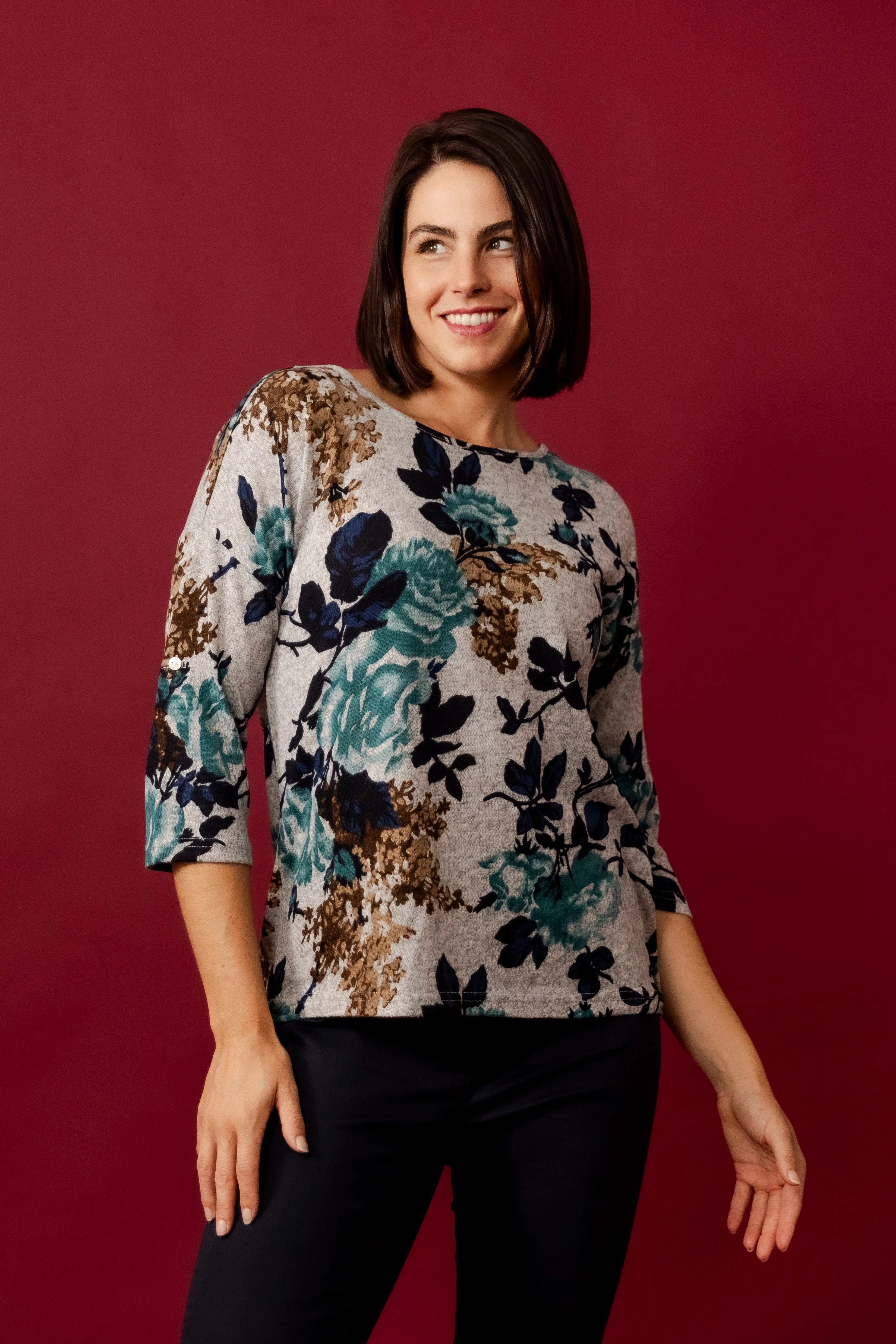 GIONNA Green Floral Knit Top