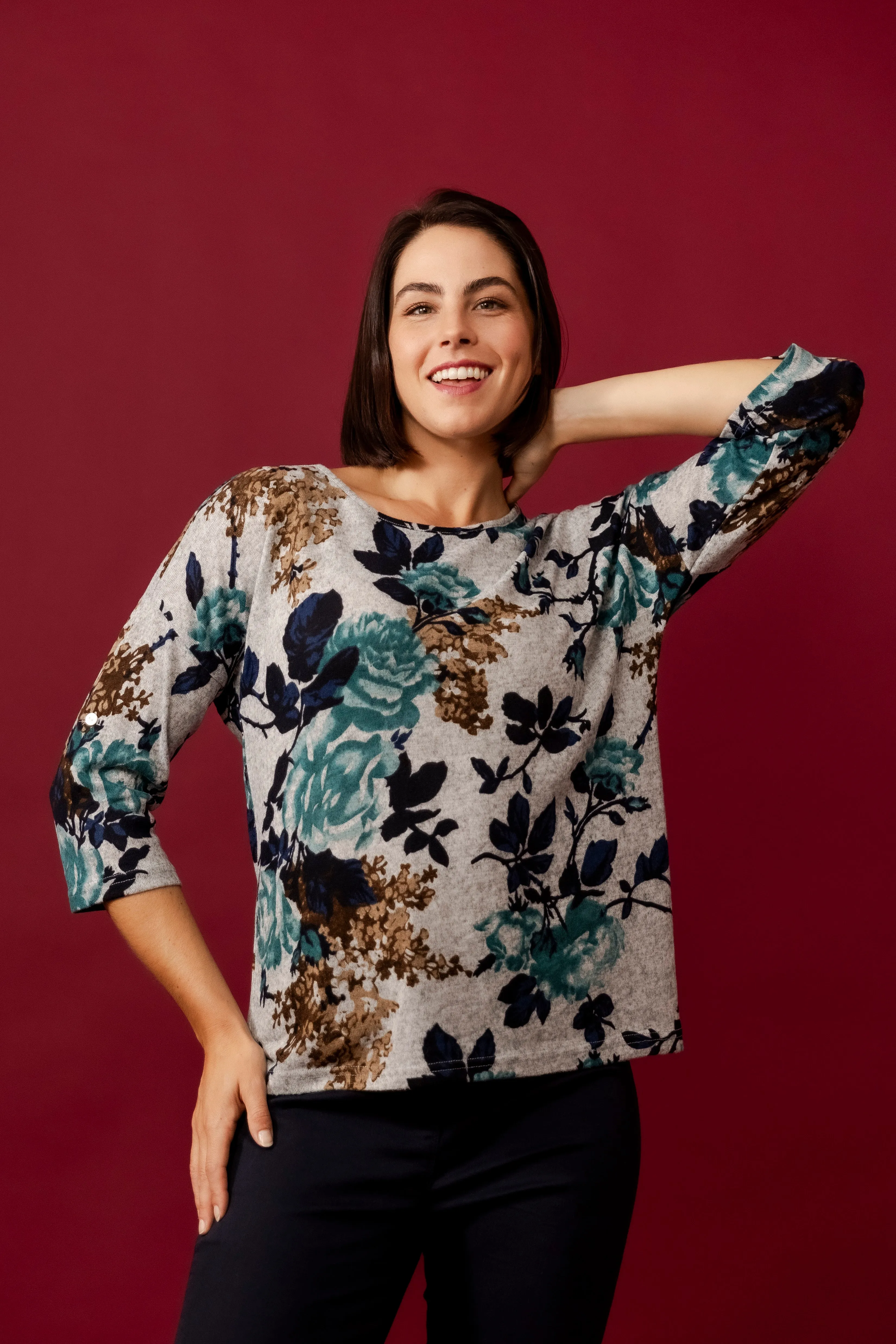 GIONNA Green Floral Knit Top