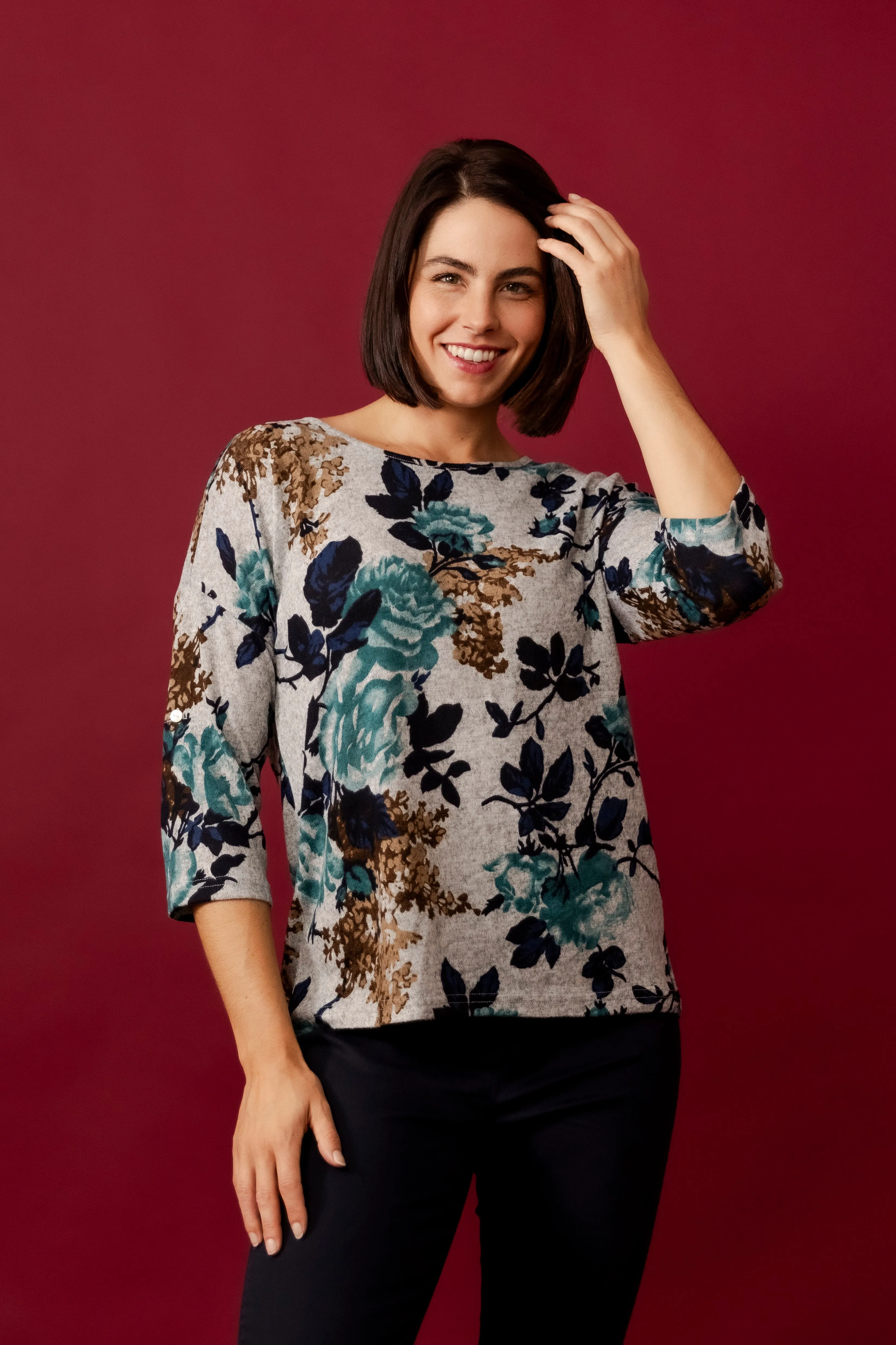 GIONNA Green Floral Knit Top