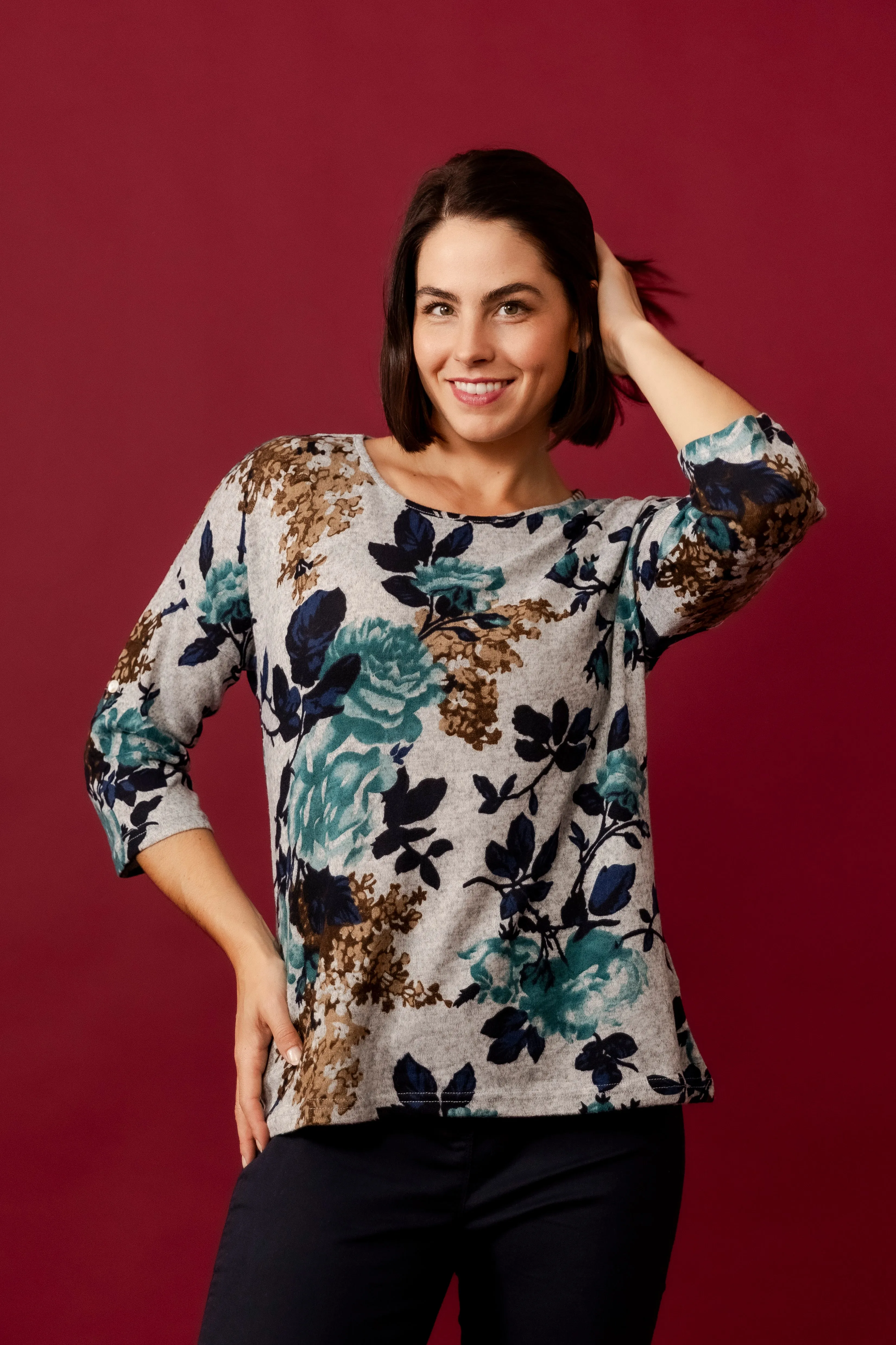 GIONNA Green Floral Knit Top