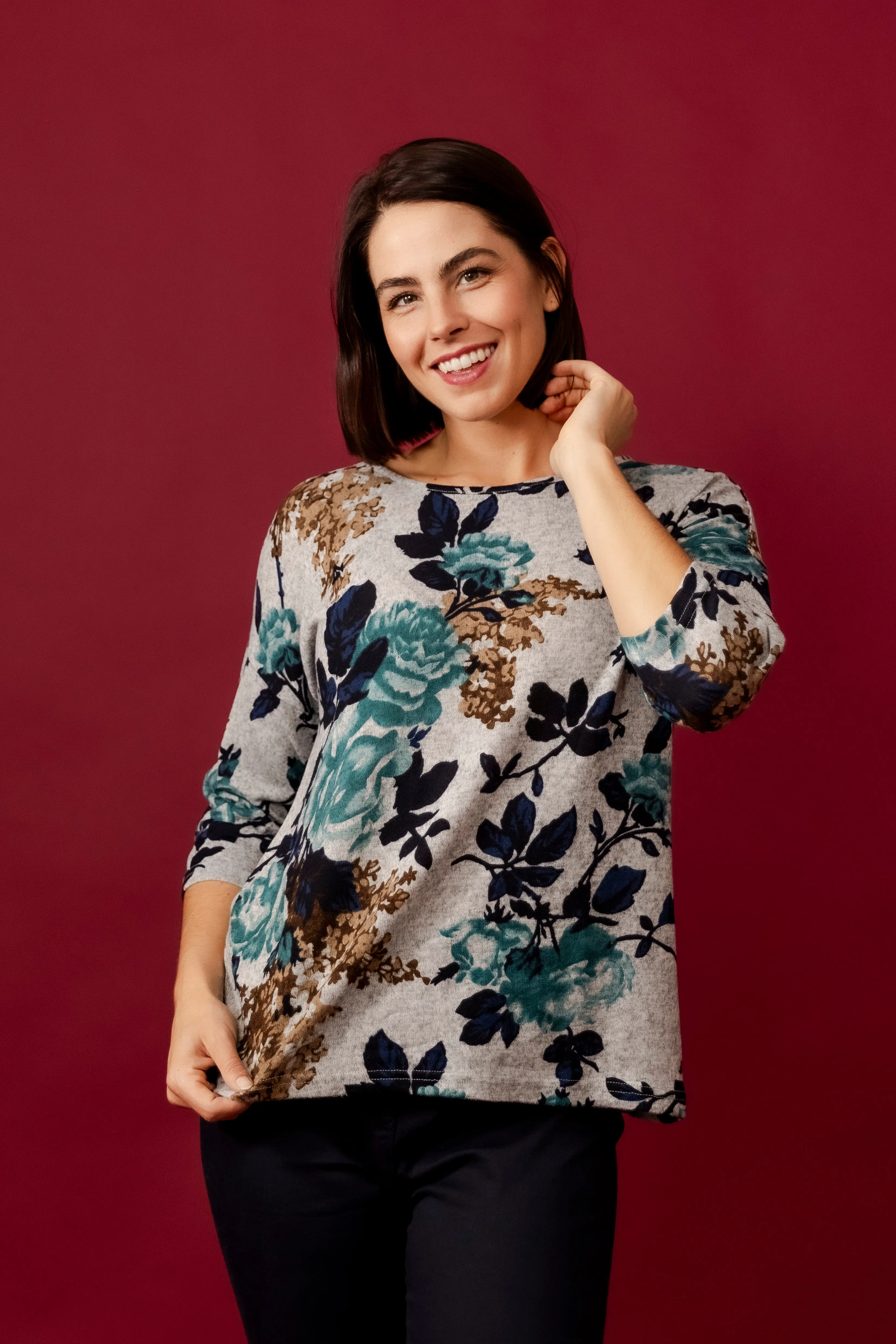 GIONNA Green Floral Knit Top
