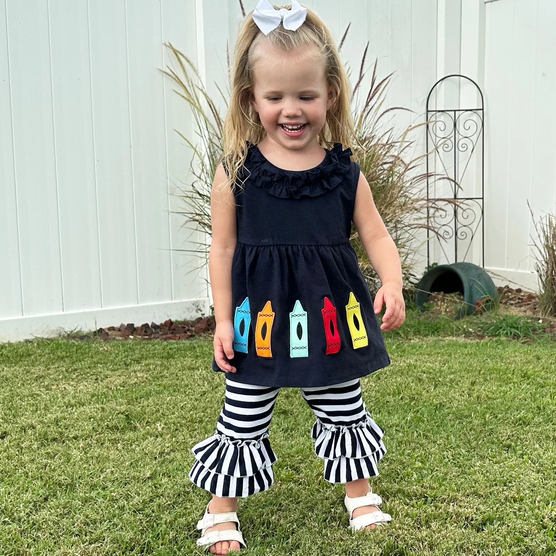 Girls Blue Crayon Tunic and Striped Ruffle Capris Back to School
