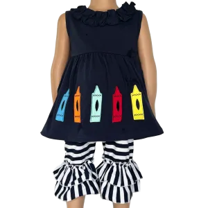 Girls Blue Crayon Tunic and Striped Ruffle Capris Back to School