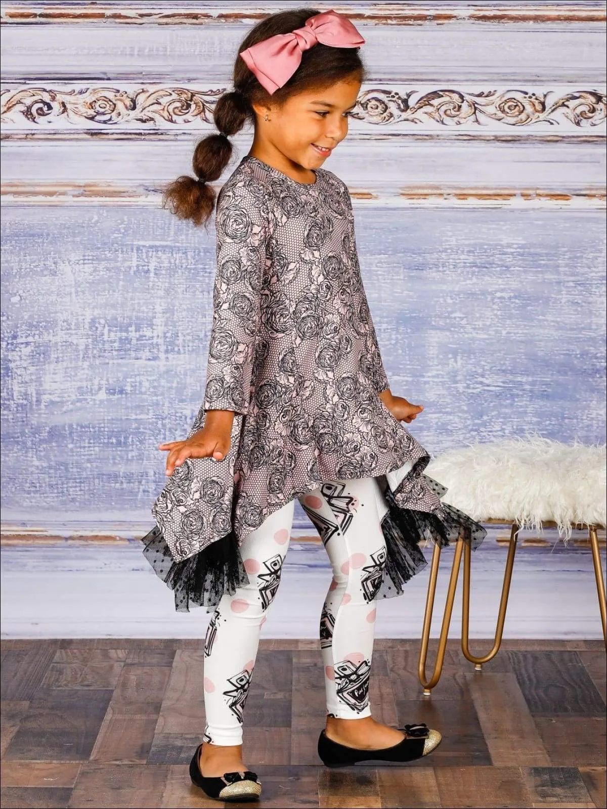 Girls What Is Love Side Tail Lace Ruffled Tunic And Legging Set