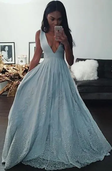 Glamorous Deep V-neck Floor-Length Blue Prom Dress Beading TR0086