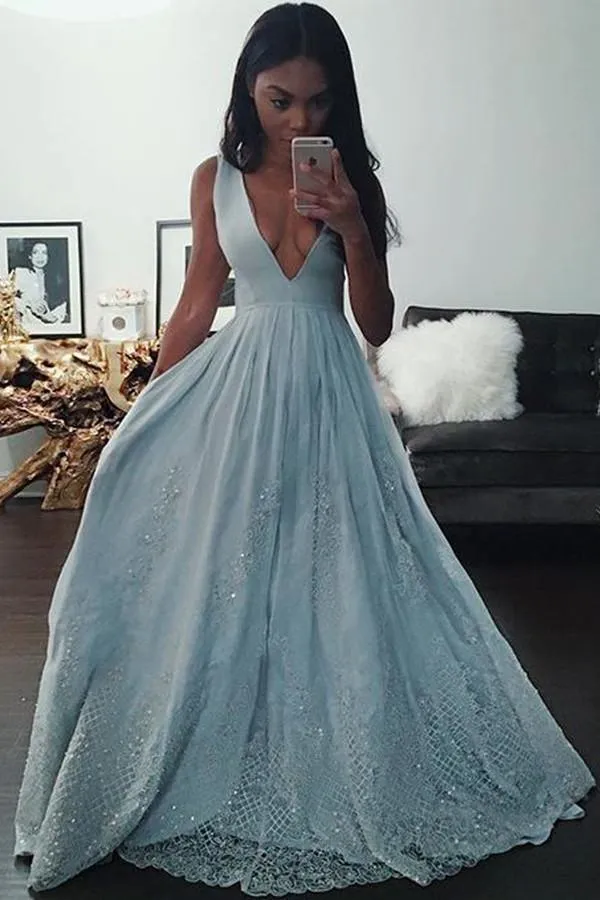 Glamorous Deep V-neck Floor-Length Blue Prom Dress Beading TR0086
