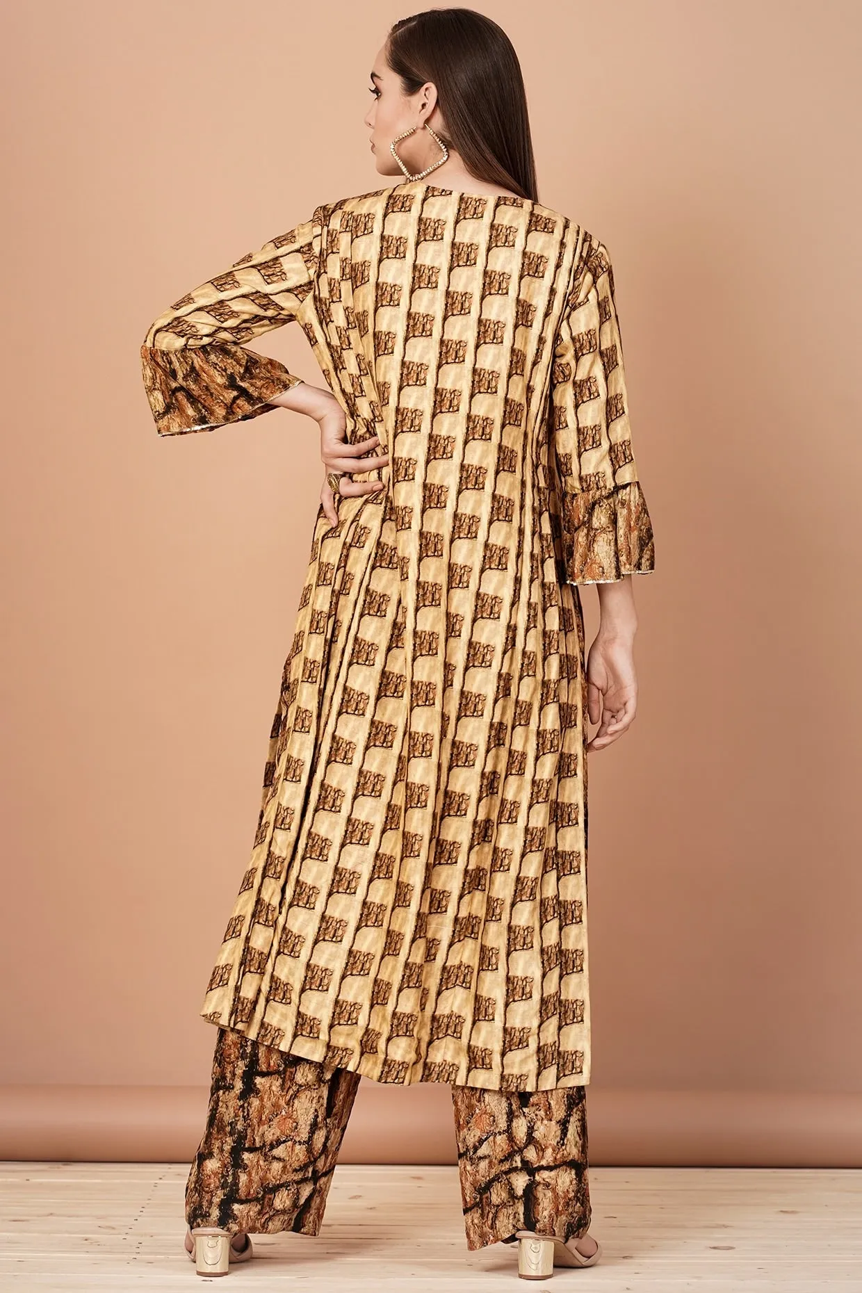 Gold & Brown Printed Kurta With Pants