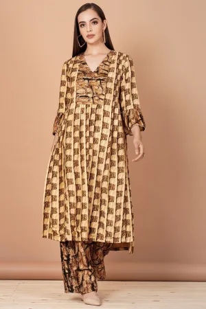 Gold & Brown Printed Kurta With Pants