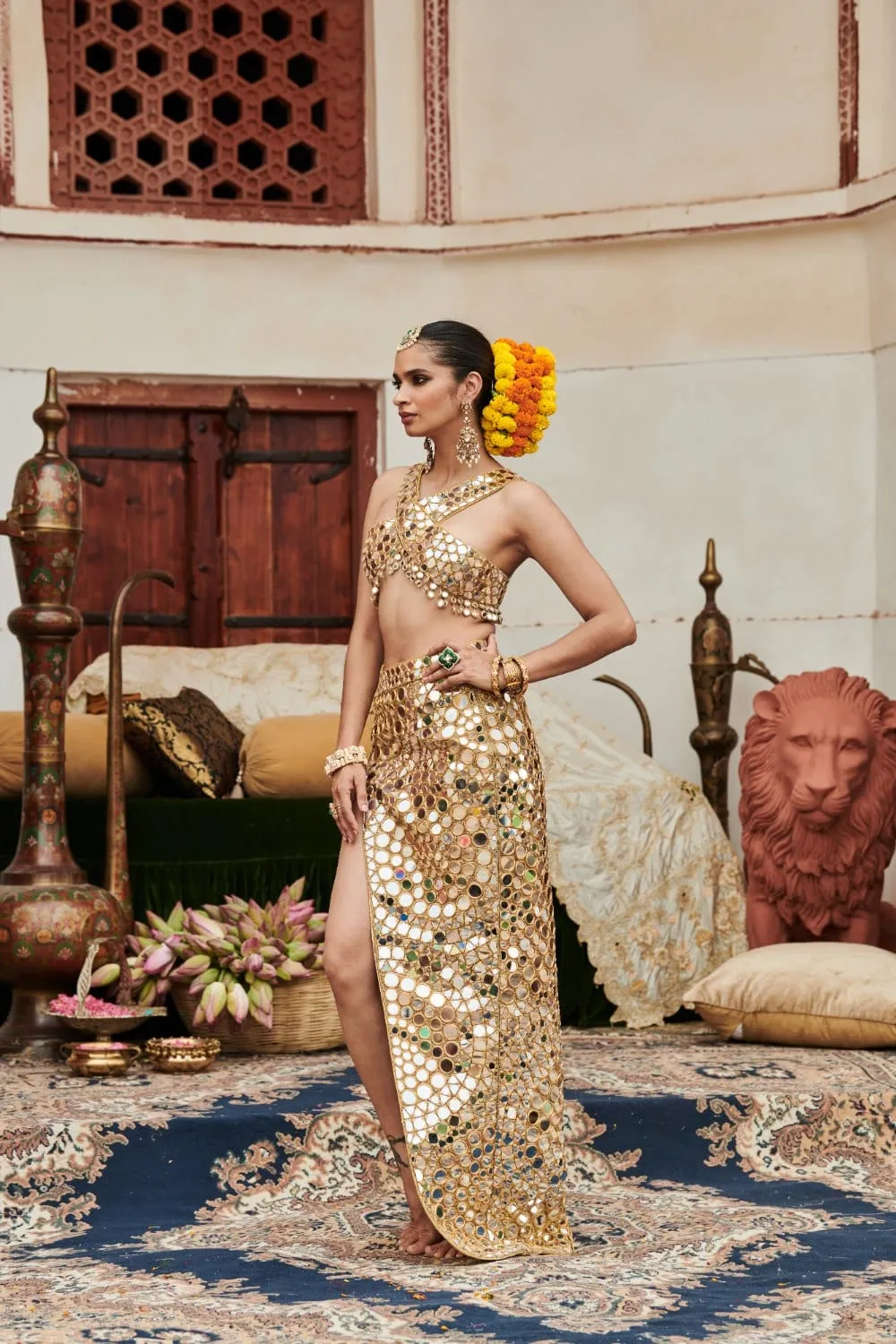 Gold Chanderi Silk Mirror Embroidered Slit Skirt Set