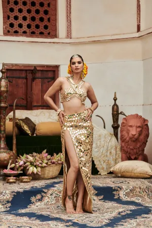 Gold Chanderi Silk Mirror Embroidered Slit Skirt Set