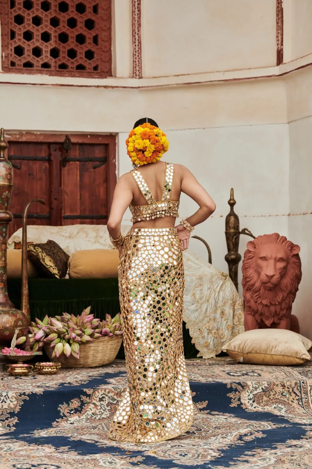 Gold Chanderi Silk Mirror Embroidered Slit Skirt Set