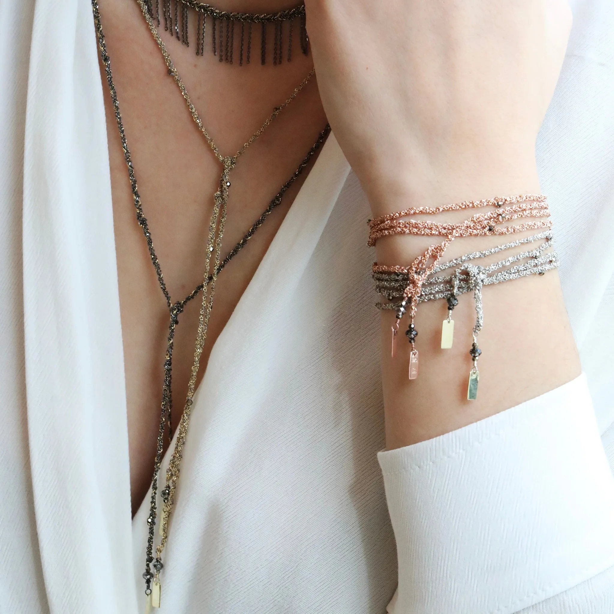 Gold Vermeil Chain and Pink Silk Woven Wrap