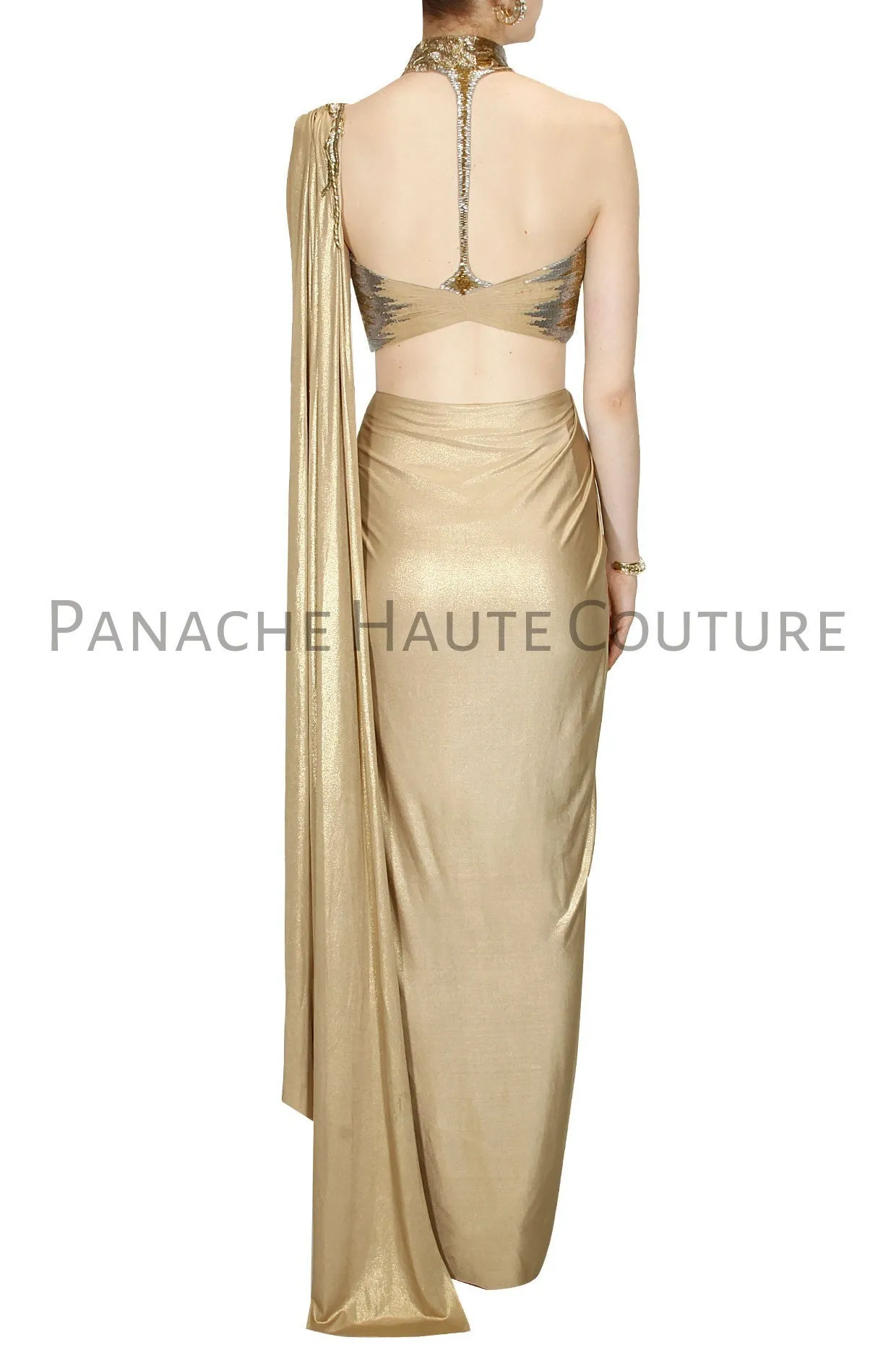 Golden Color designer Saree Gown With Hand Embroidered Blouse
