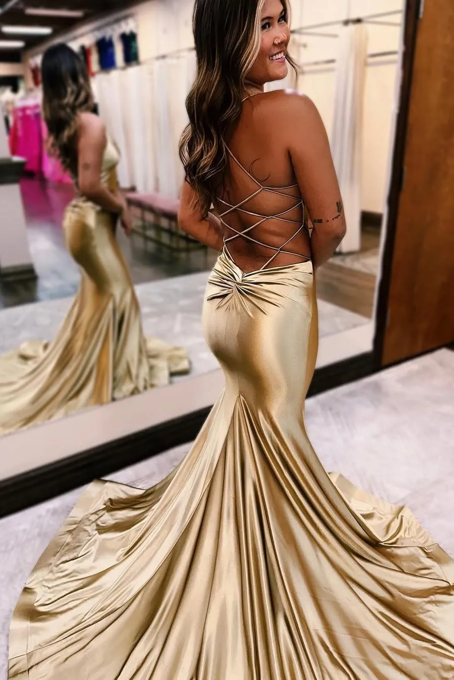 Golden Halter Neck Prom Dress Mermaid Evening Dress