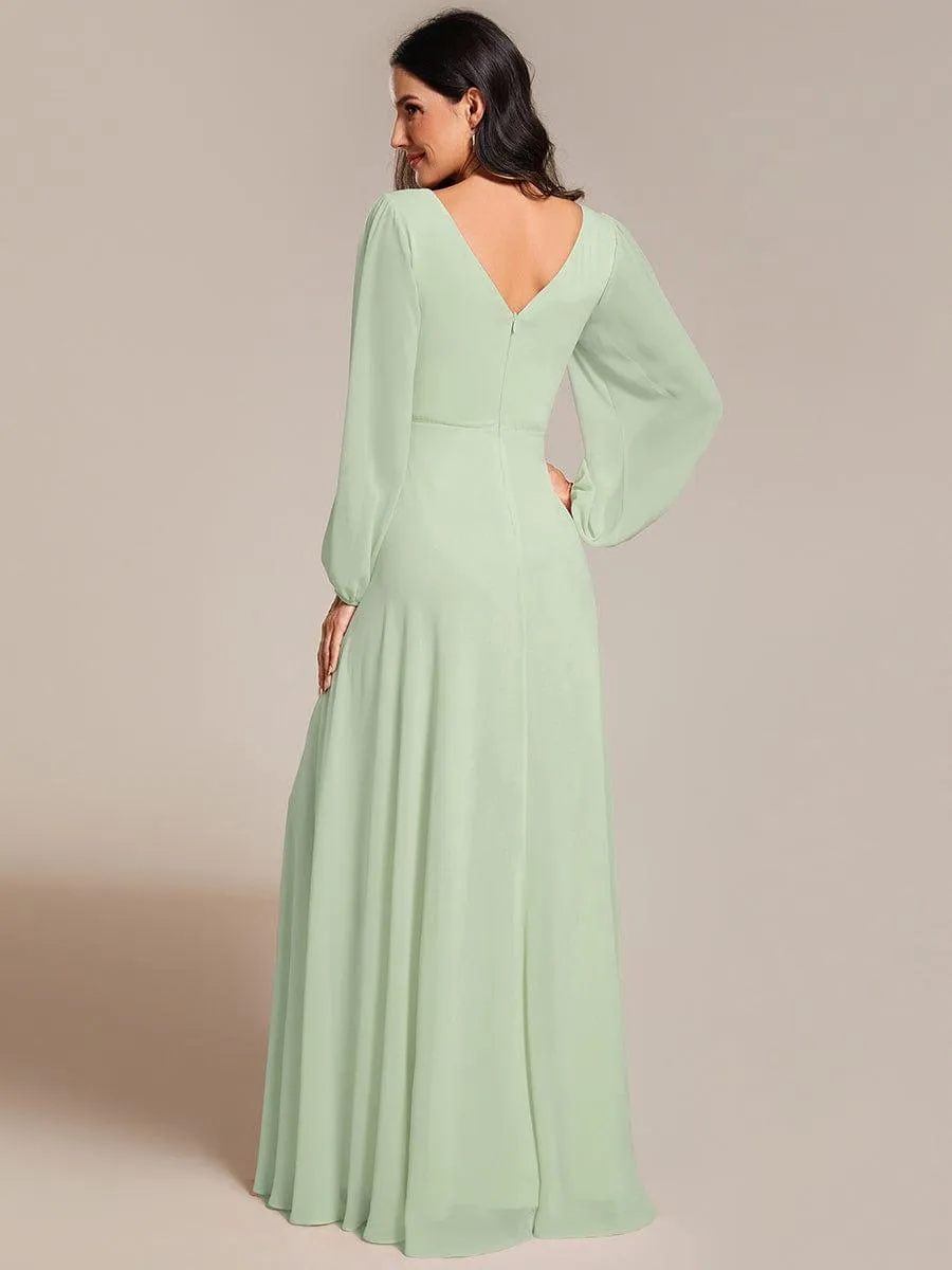 Grande Taille Robe de soirée plissée en mousseline de soie double col en V manches longues ceinture brillan