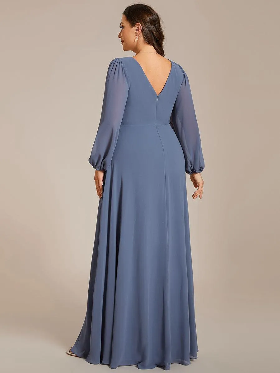 Grande Taille Robe de soirée plissée en mousseline de soie double col en V manches longues ceinture brillan