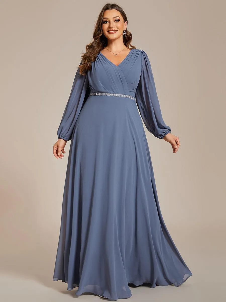 Grande Taille Robe de soirée plissée en mousseline de soie double col en V manches longues ceinture brillan