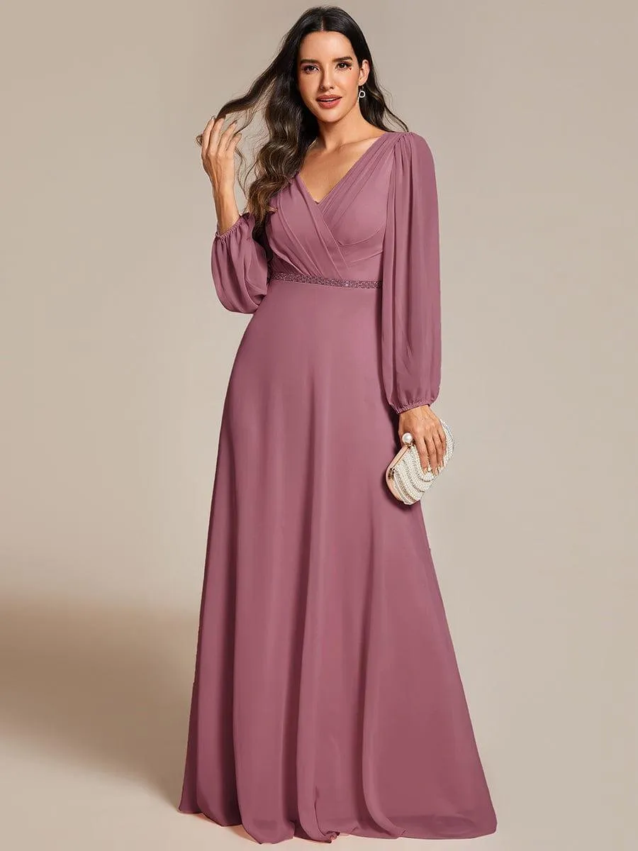 Grande Taille Robe de soirée plissée en mousseline de soie double col en V manches longues ceinture brillan