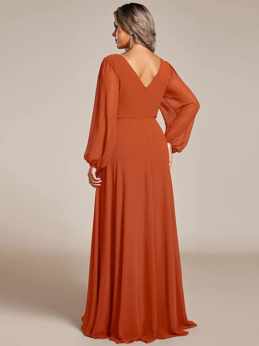 Grande Taille Robe de soirée plissée en mousseline de soie double col en V manches longues ceinture brillan