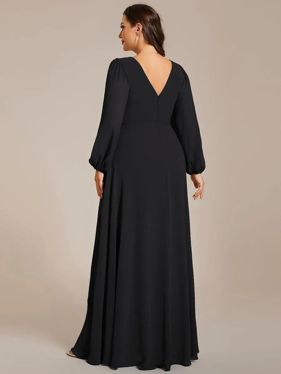 Grande Taille Robe de soirée plissée en mousseline de soie double col en V manches longues ceinture brillan