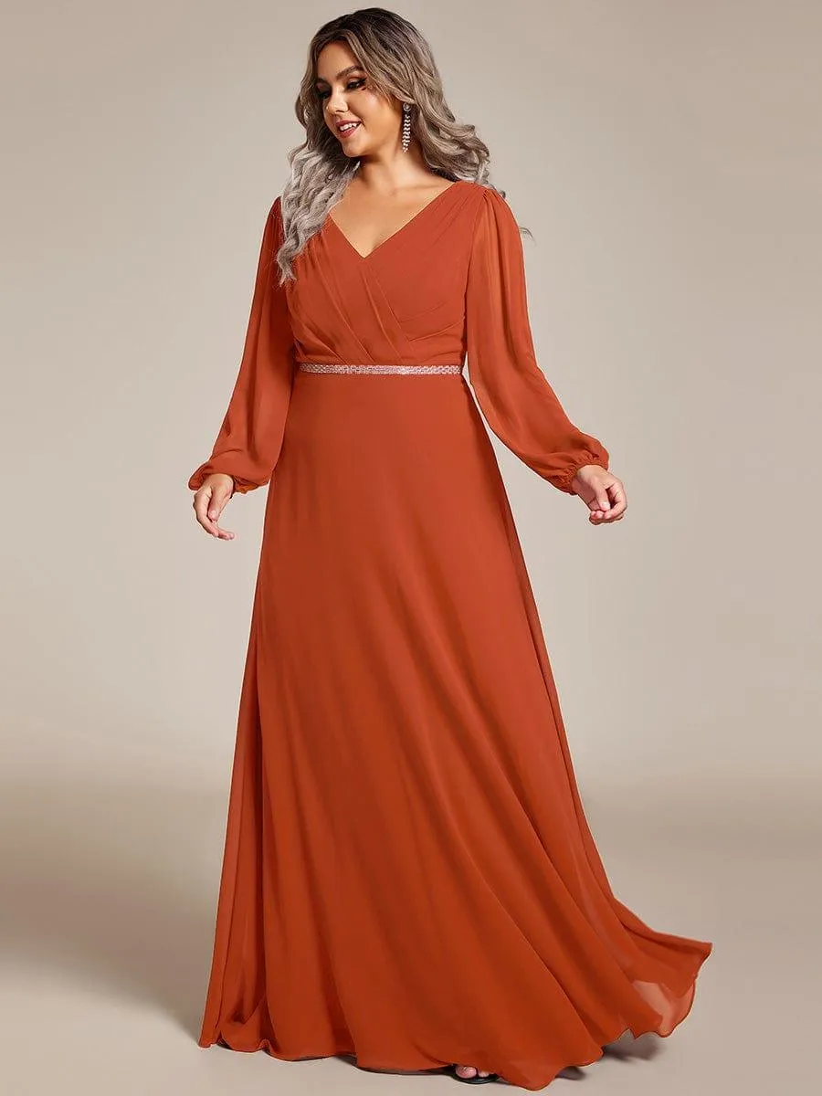 Grande Taille Robe de soirée plissée en mousseline de soie double col en V manches longues ceinture brillan