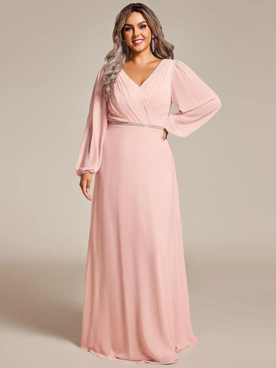 Grande Taille Robe de soirée plissée en mousseline de soie double col en V manches longues ceinture brillan