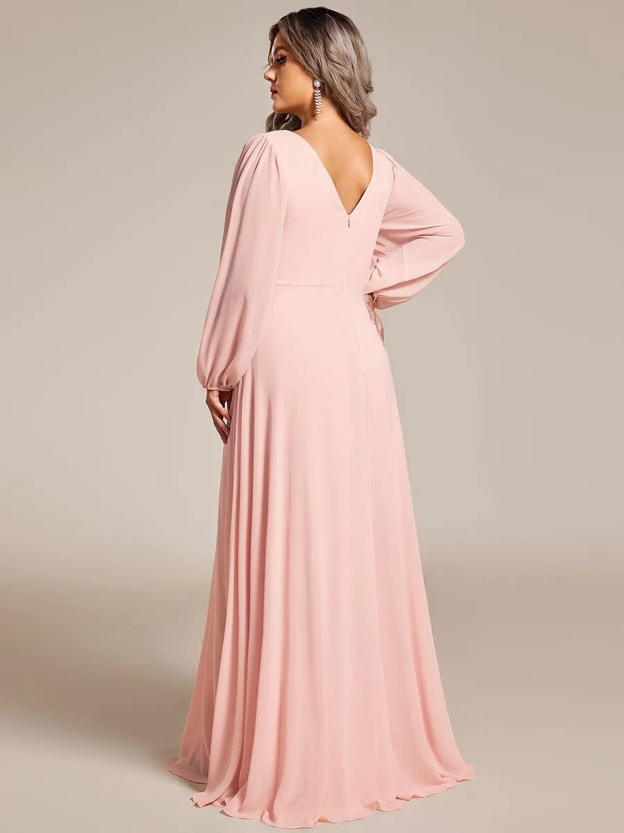 Grande Taille Robe de soirée plissée en mousseline de soie double col en V manches longues ceinture brillan