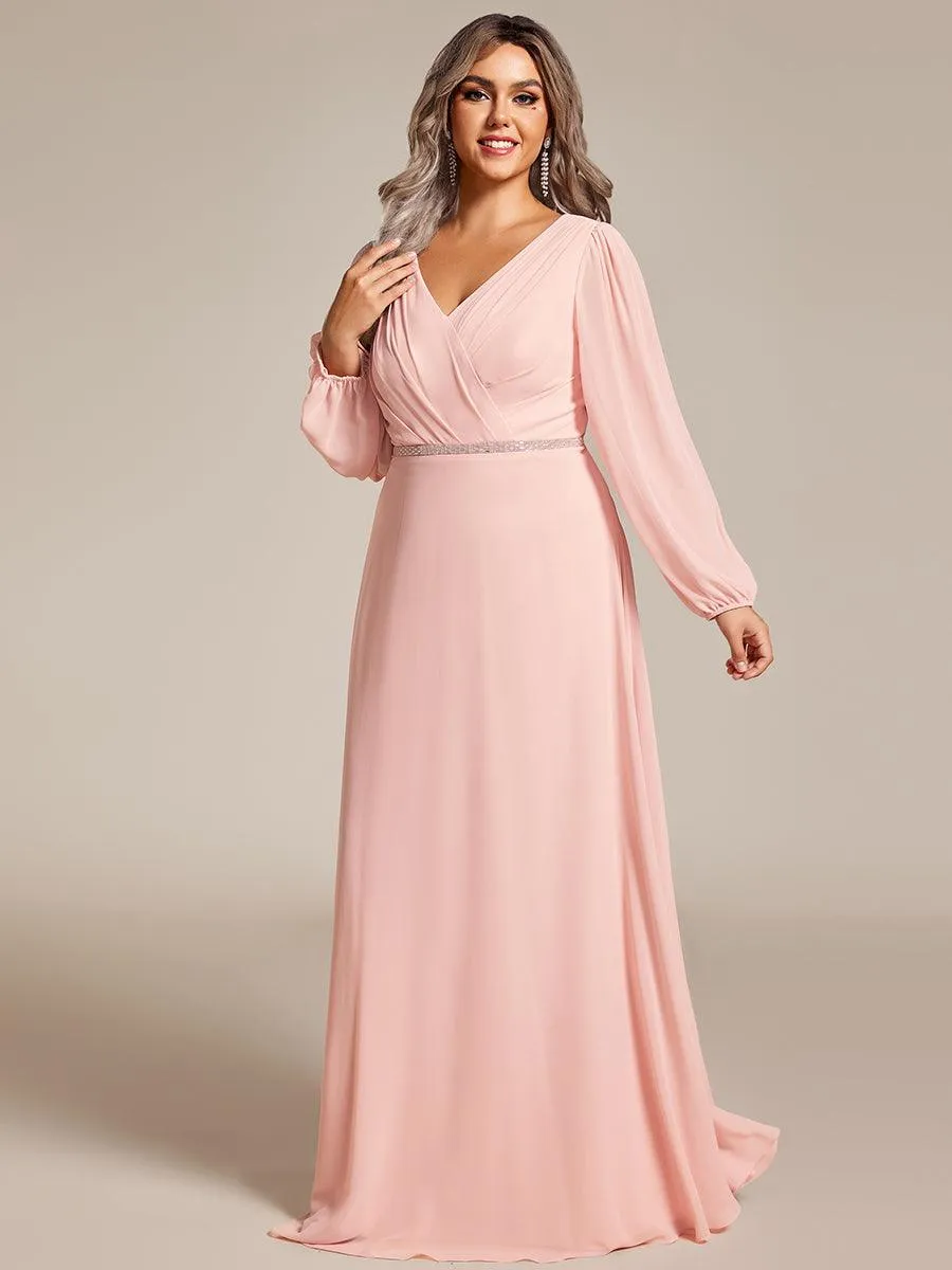 Grande Taille Robe de soirée plissée en mousseline de soie double col en V manches longues ceinture brillan