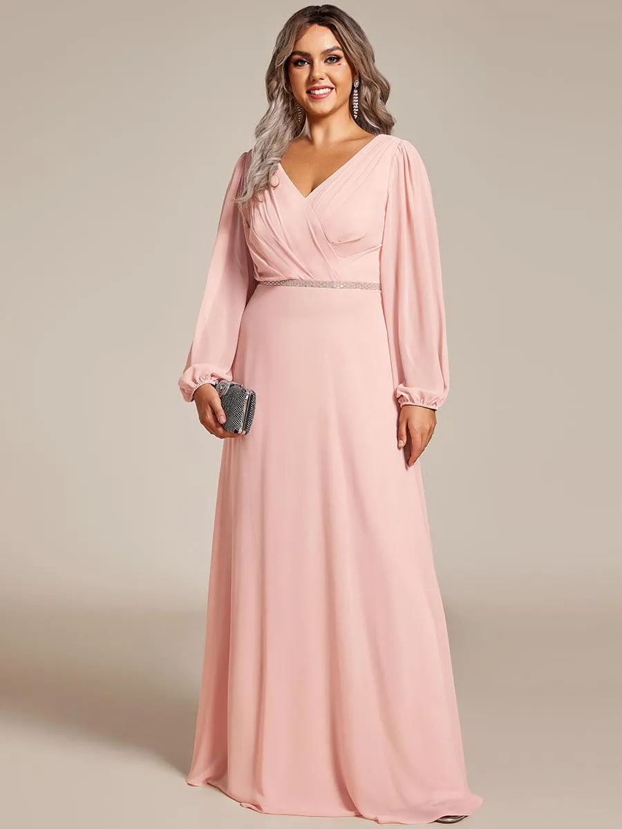 Grande Taille Robe de soirée plissée en mousseline de soie double col en V manches longues ceinture brillan