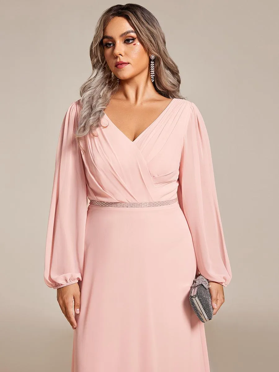 Grande Taille Robe de soirée plissée en mousseline de soie double col en V manches longues ceinture brillan