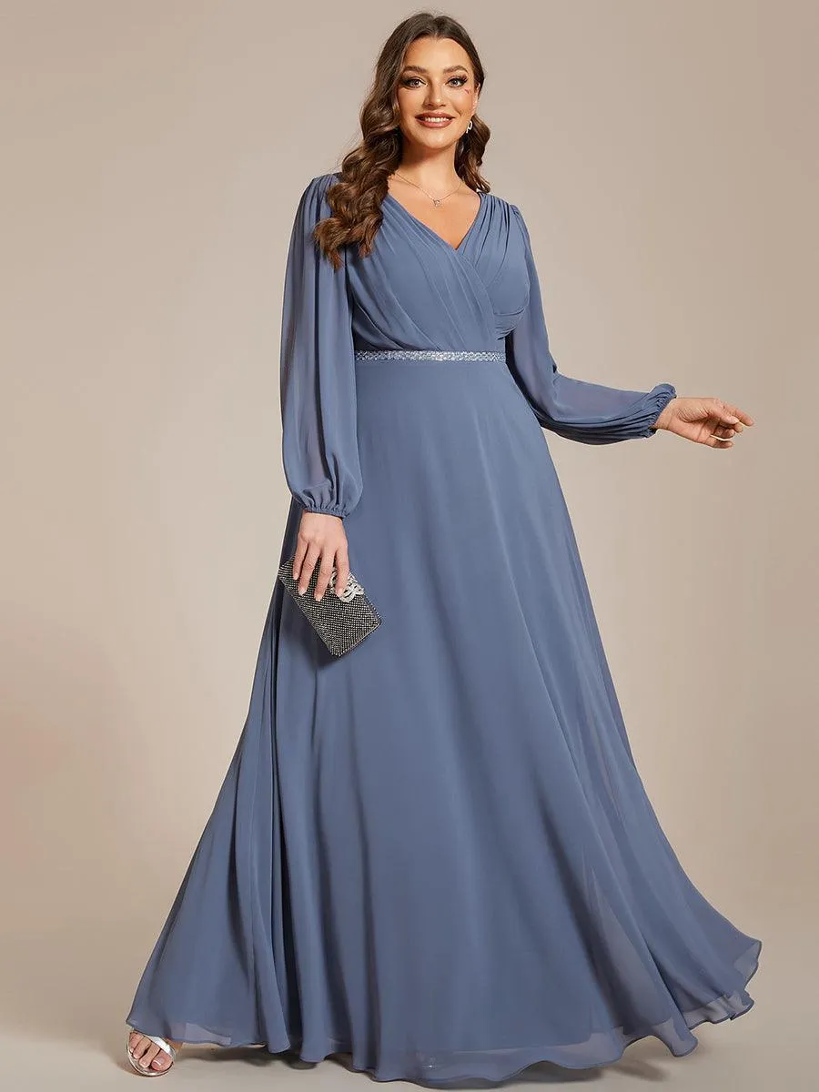 Grande Taille Robe de soirée plissée en mousseline de soie double col en V manches longues ceinture brillan