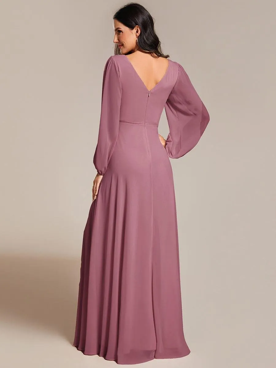 Grande Taille Robe de soirée plissée en mousseline de soie double col en V manches longues ceinture brillan