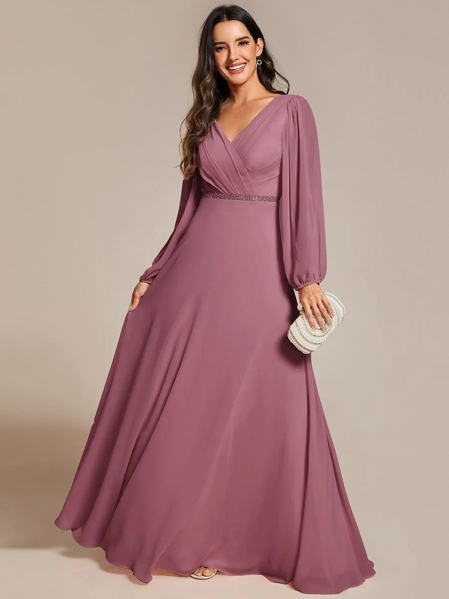 Grande Taille Robe de soirée plissée en mousseline de soie double col en V manches longues ceinture brillan