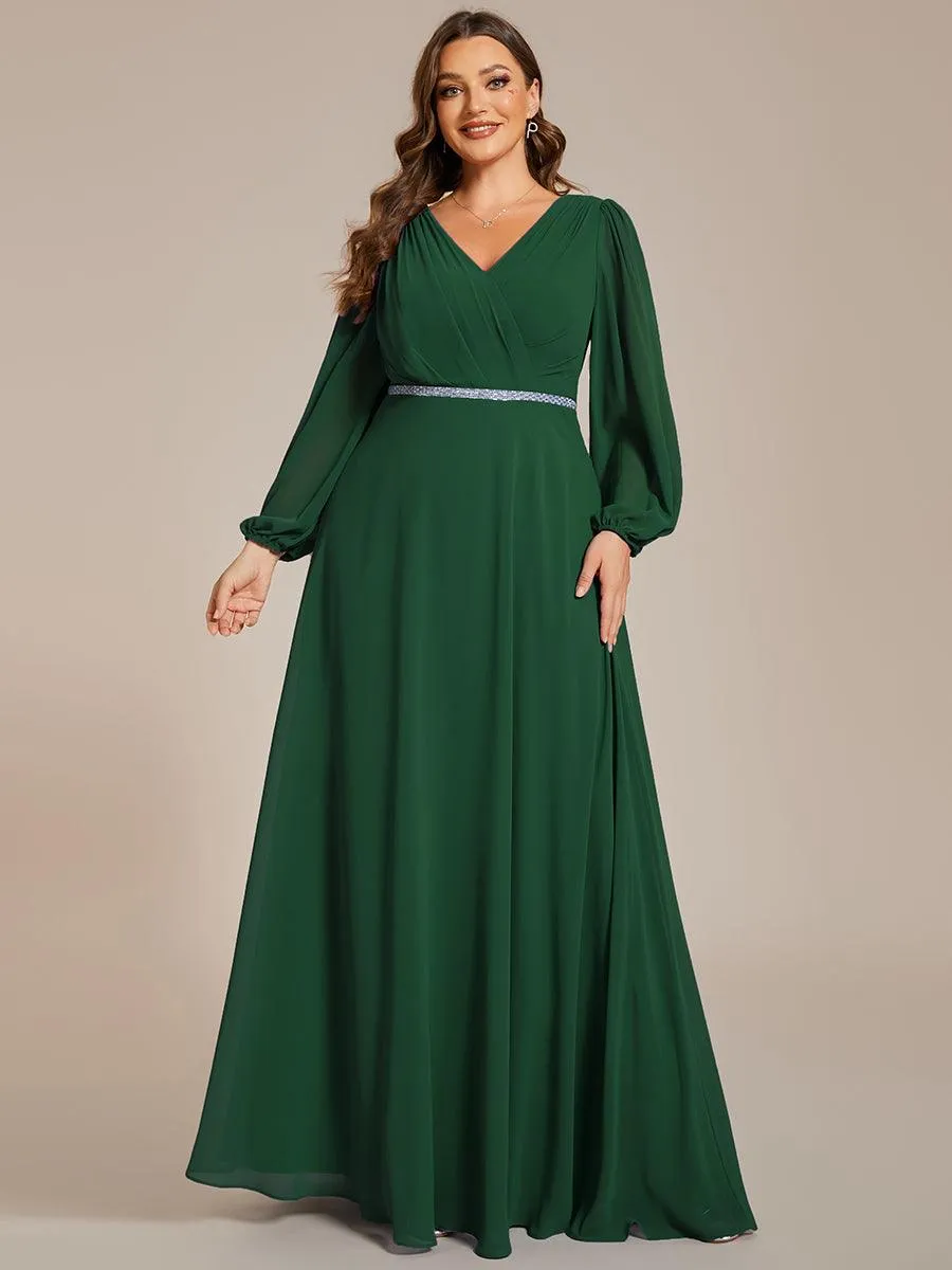 Grande Taille Robe de soirée plissée en mousseline de soie double col en V manches longues ceinture brillan