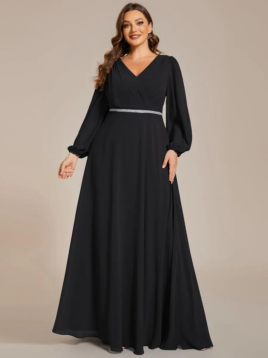 Grande Taille Robe de soirée plissée en mousseline de soie double col en V manches longues ceinture brillan