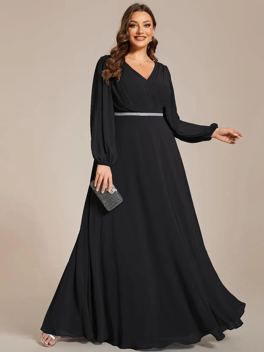Grande Taille Robe de soirée plissée en mousseline de soie double col en V manches longues ceinture brillan