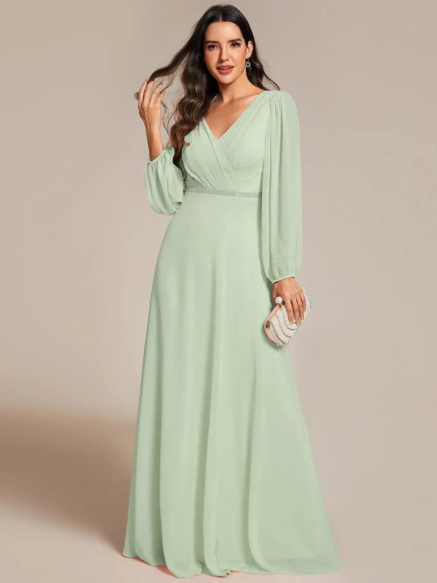 Grande Taille Robe de soirée plissée en mousseline de soie double col en V manches longues ceinture brillan