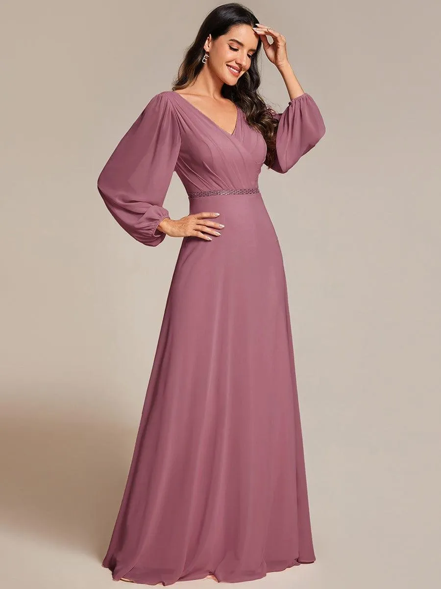 Grande Taille Robe de soirée plissée en mousseline de soie double col en V manches longues ceinture brillan