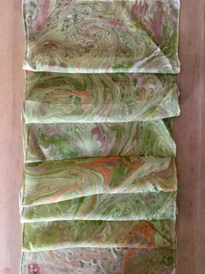 Green Beige Orange Combed Swirl Patterned Habotai Silk 14x72"
