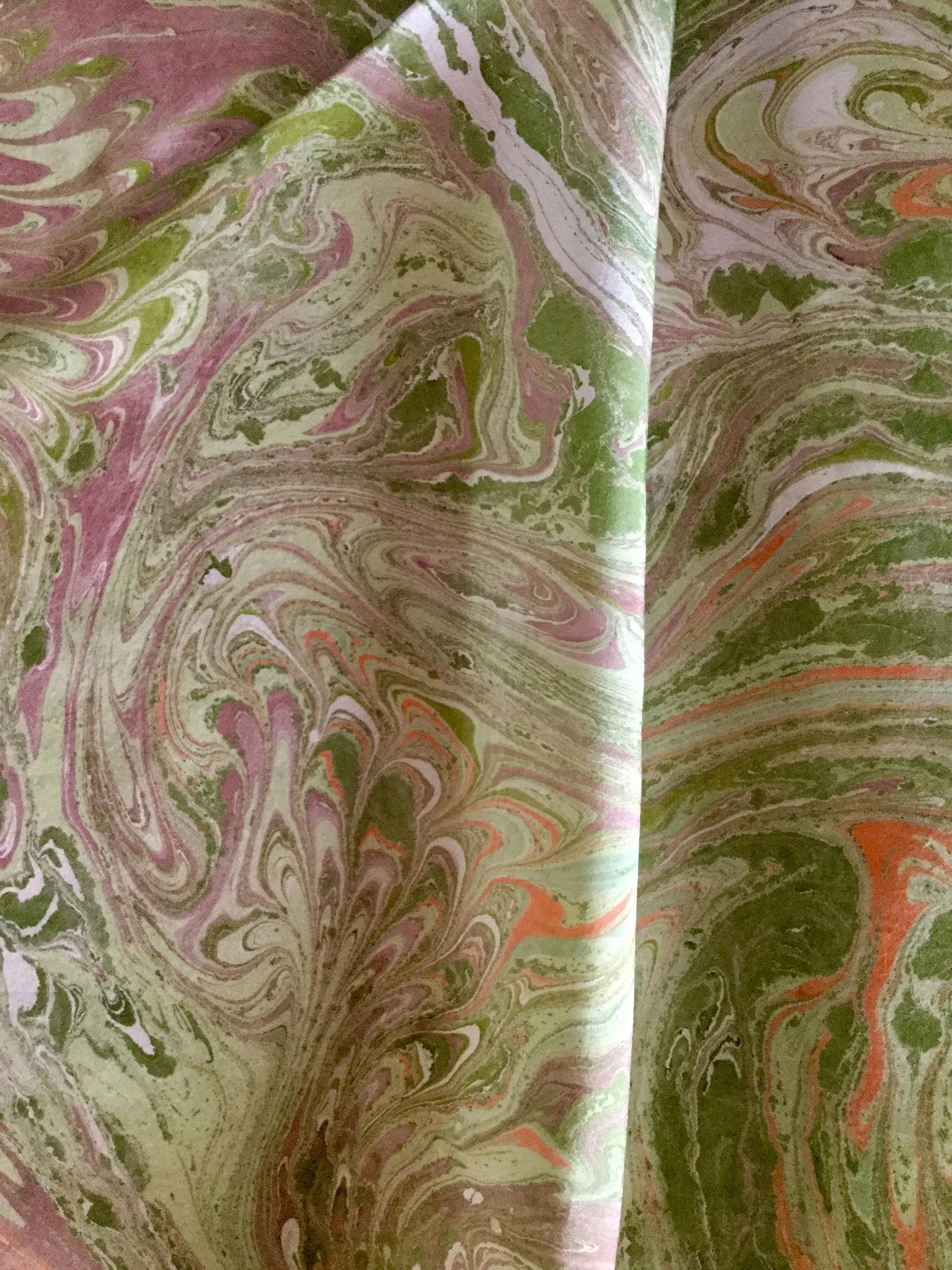 Green Beige Orange Combed Swirl Patterned Habotai Silk 14x72"