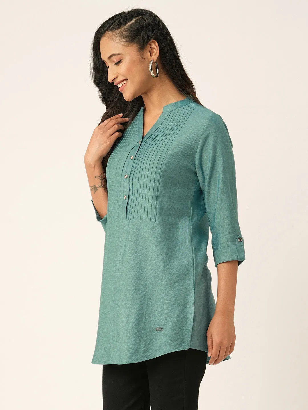 Green Comfort Fit Rayon Tunics for Women Online India Hip Length Straight - Zola